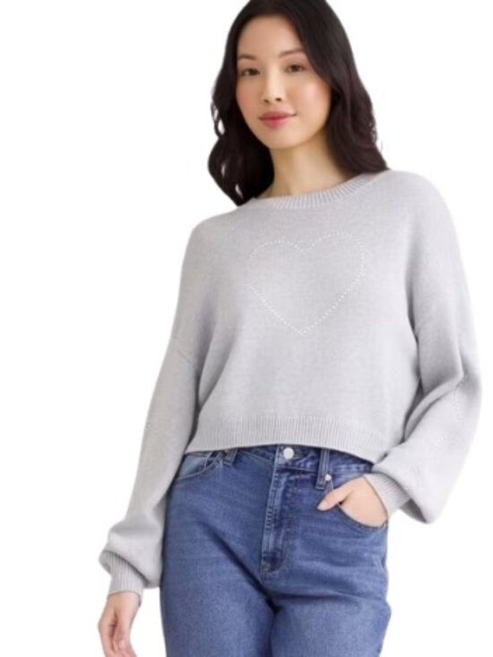 Madden Nyc Sweaters - Madden NYC Womens Cropped Studded Heart Sweater Heather Gray XXS New